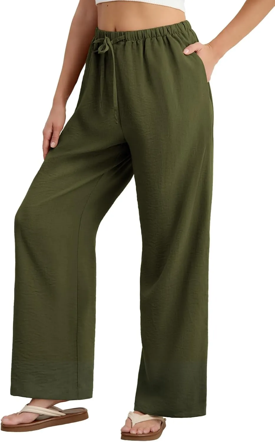 Feiersi Women's Casual Pants Drawstring Elastic Waist Pants Flowy Wide Leg Beach Trousers with Pockets