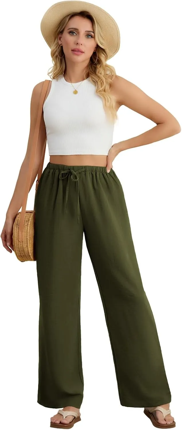 Feiersi Women's Casual Pants Drawstring Elastic Waist Pants Flowy Wide Leg Beach Trousers with Pockets
