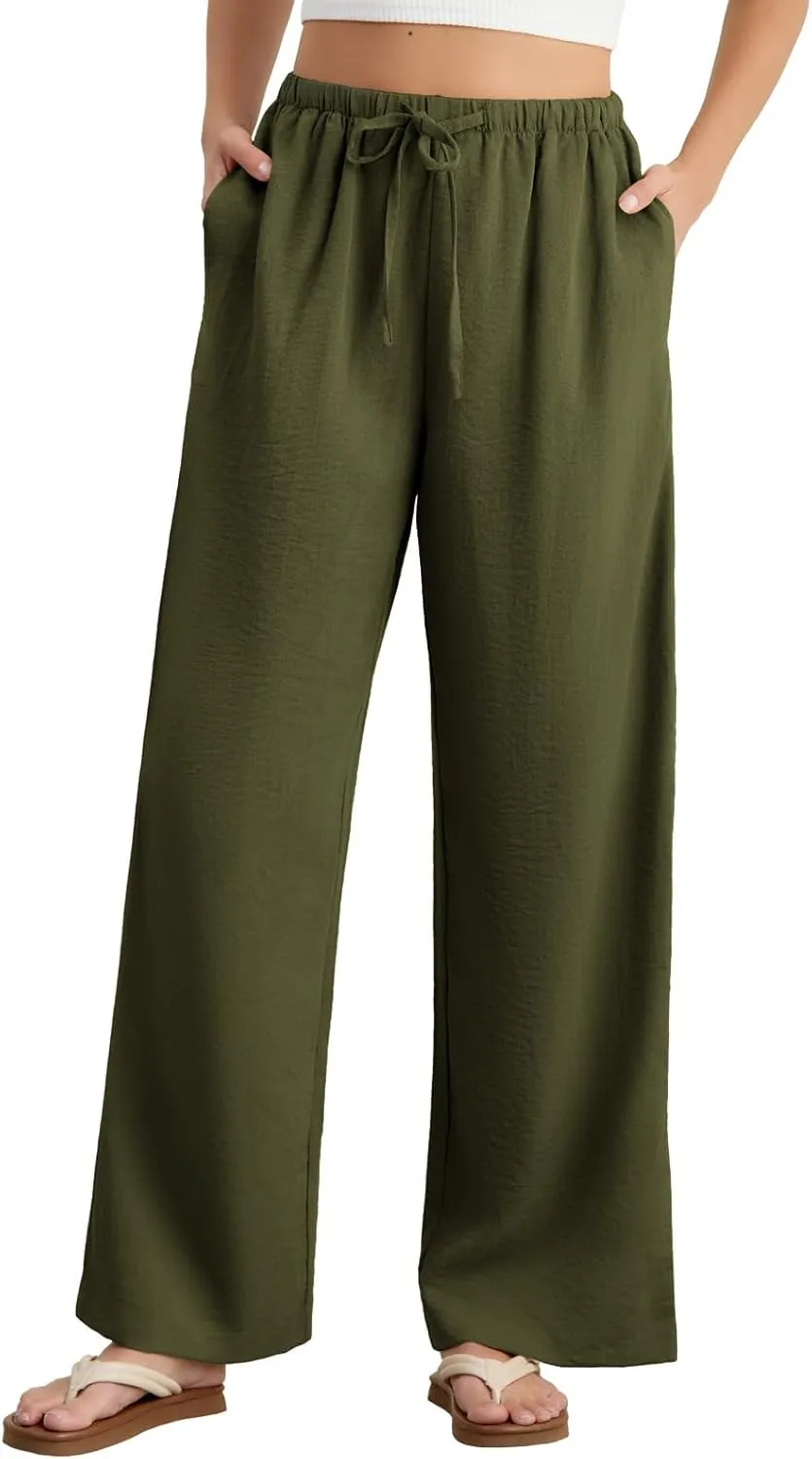 Feiersi Women's Casual Pants Drawstring Elastic Waist Pants Flowy Wide Leg Beach Trousers with Pockets