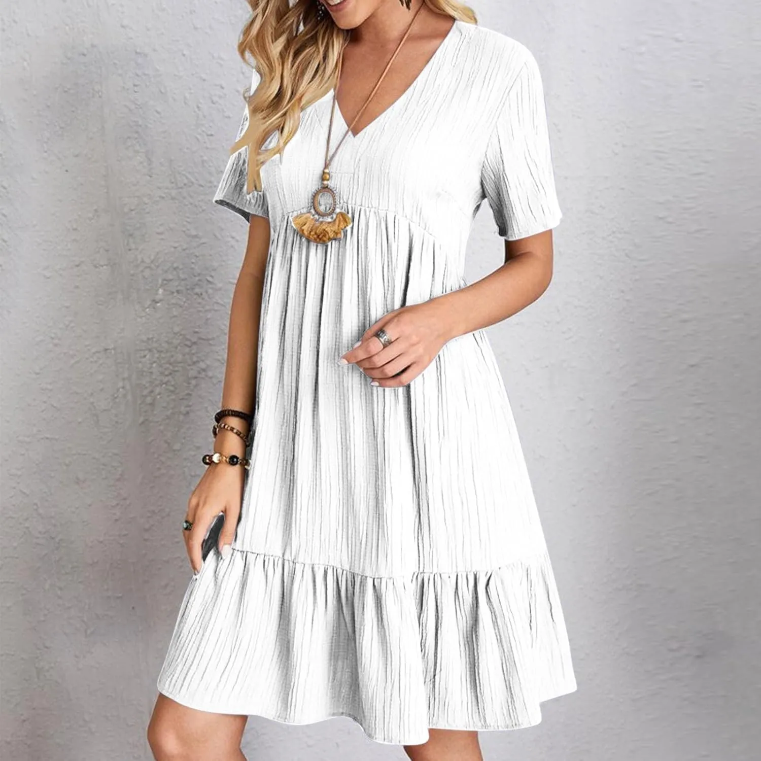 Finelylove Womens Summer Casual Mini Dress Short Sleeve V Neck A Line Sundress Ruffle Flowy Tiered Beach Vacation Dresses