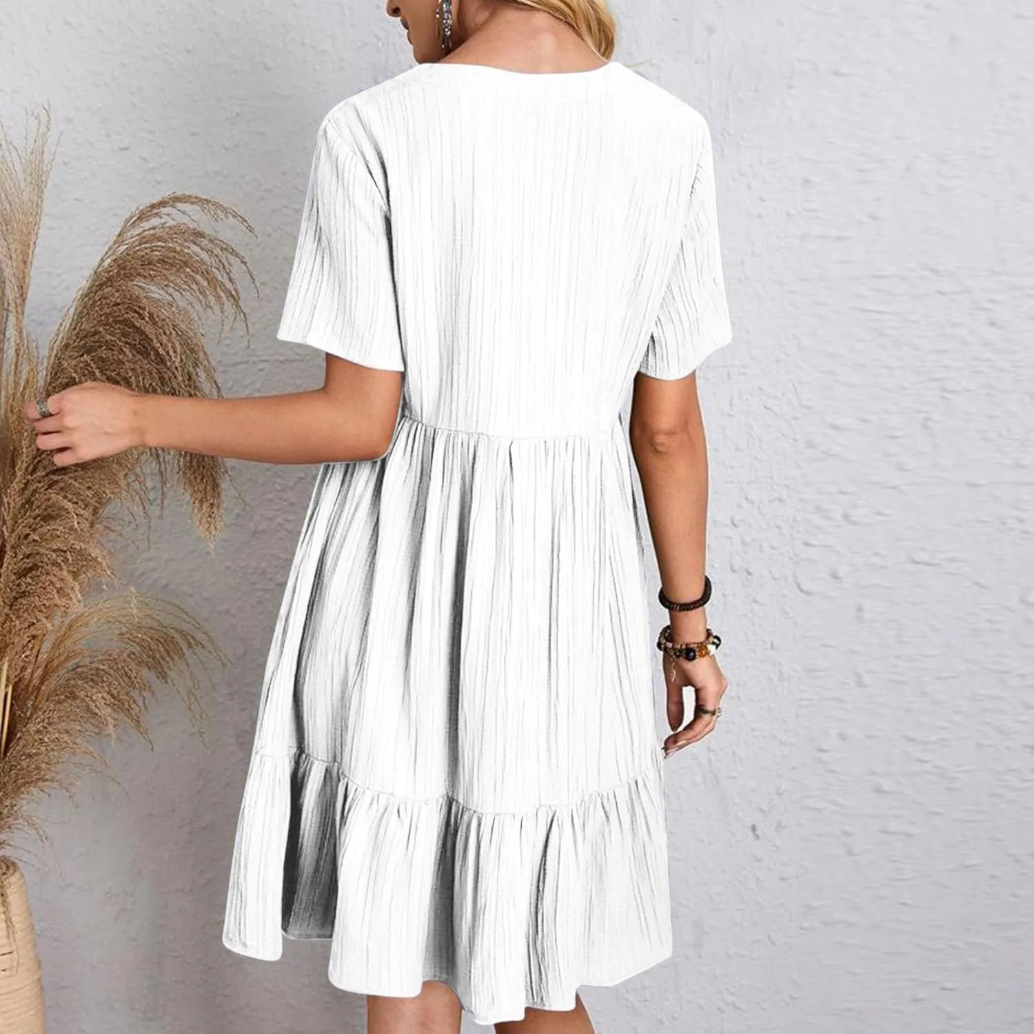 Finelylove Womens Summer Casual Mini Dress Short Sleeve V Neck A Line Sundress Ruffle Flowy Tiered Beach Vacation Dresses