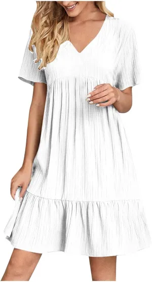 Finelylove Womens Summer Casual Mini Dress Short Sleeve V Neck A Line Sundress Ruffle Flowy Tiered Beach Vacation Dresses