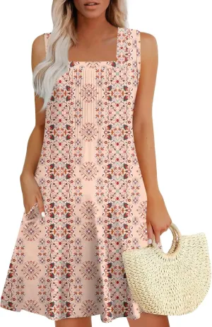 FlekmanArt Womens Summer Dresses Flowy Sleeveless Mini Dress Beach Casual Sundresses Prited Tshirt Tank Dresses with Pockets