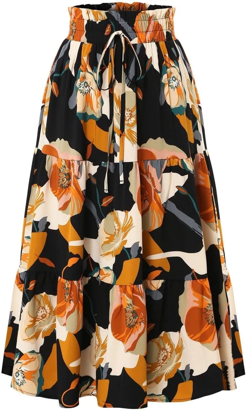 Floral Boho Skirts for Women Summer Casual Flowy Swing Tiered Long Skirt Elastic High Waisted Pleated Maxi Skirts