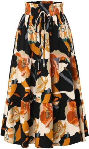 Floral Boho Skirts for Women Summer Casual Flowy Swing Tiered Long Skirt Elastic High Waisted Pleated Maxi Skirts