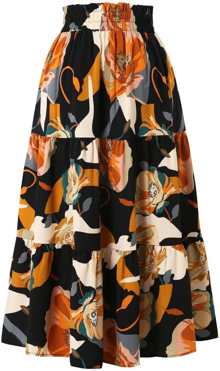 Floral Boho Skirts for Women Summer Casual Flowy Swing Tiered Long Skirt Elastic High Waisted Pleated Maxi Skirts