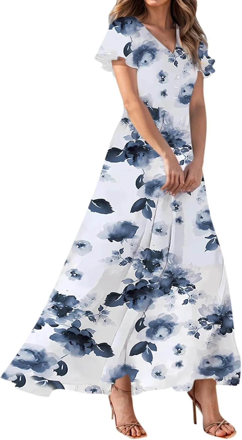 Floral Maxi Dress Casual Summer Chiffon Short Sleeve A Line Dresses for Wedding Guest Classy Tea Party V Neck Dress