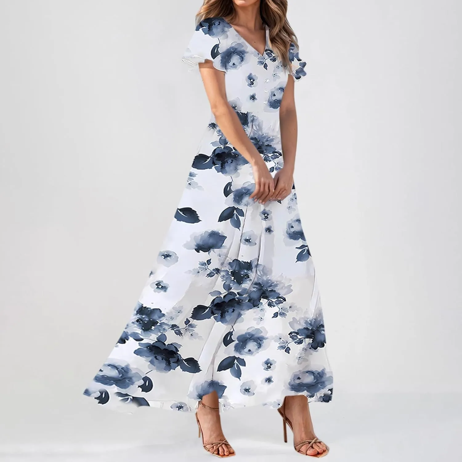 Floral Maxi Dress Casual Summer Chiffon Short Sleeve A Line Dresses for Wedding Guest Classy Tea Party V Neck Dress