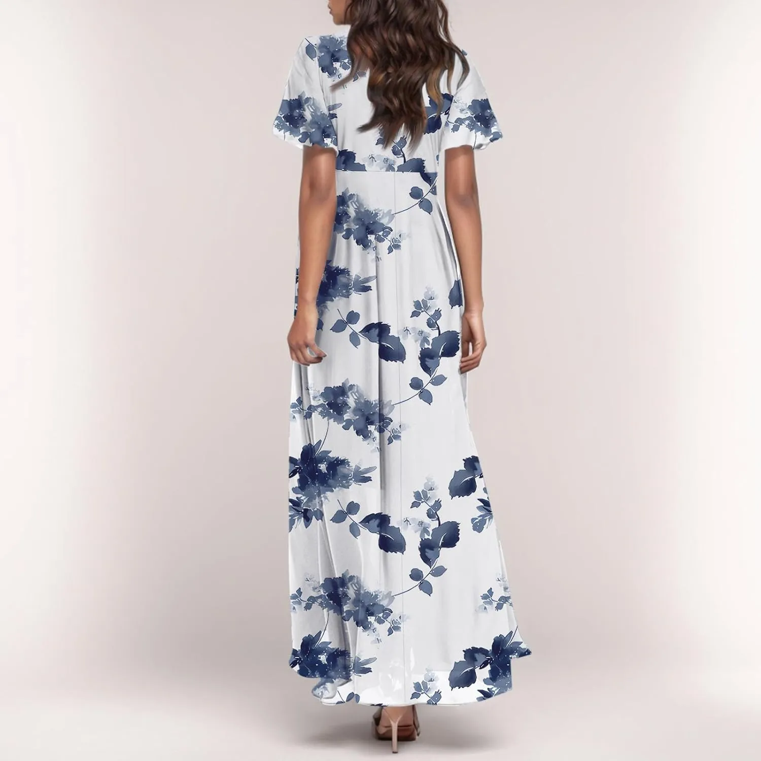 Floral Maxi Dress Casual Summer Chiffon Short Sleeve A Line Dresses for Wedding Guest Classy Tea Party V Neck Dress
