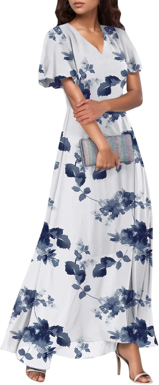 Floral Maxi Dress Casual Summer Chiffon Short Sleeve A Line Dresses for Wedding Guest Classy Tea Party V Neck Dress