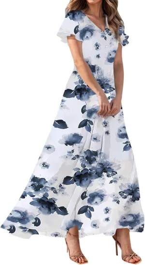 Floral Maxi Dress Casual Summer Chiffon Short Sleeve A Line Dresses for Wedding Guest Classy Tea Party V Neck Dress