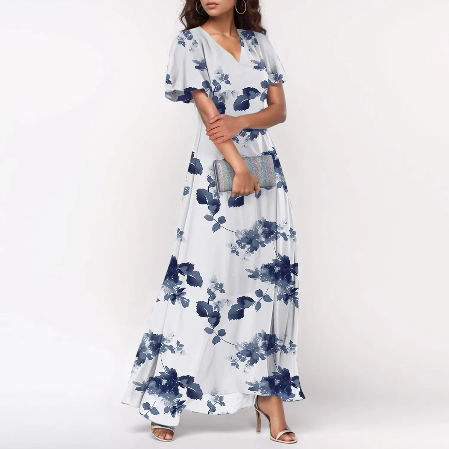 Floral Maxi Dress Casual Summer Chiffon Short Sleeve A Line Dresses for Wedding Guest Classy Tea Party V Neck Dress