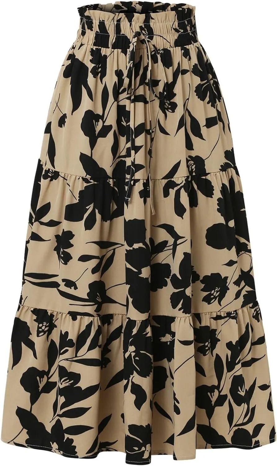 Floral Maxi Skirt for Women Casual Elegant Drawstring Waist Church A Line Skirts Flowy Long Wedding Guest Skorts