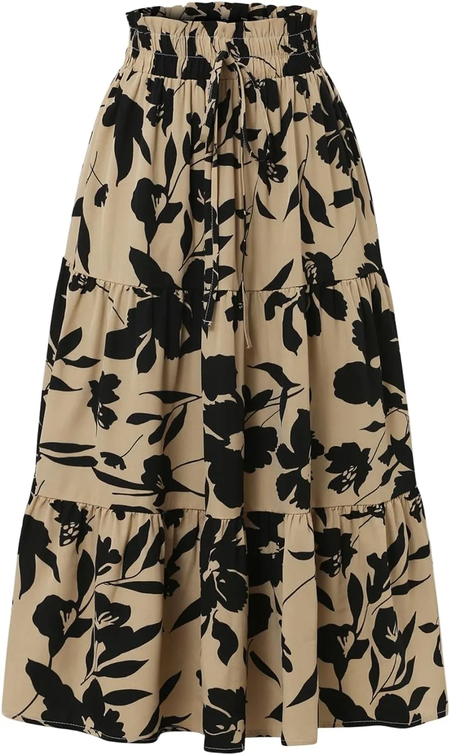 Floral Maxi Skirt for Women Casual Elegant Drawstring Waist Church A Line Skirts Flowy Long Wedding Guest Skorts