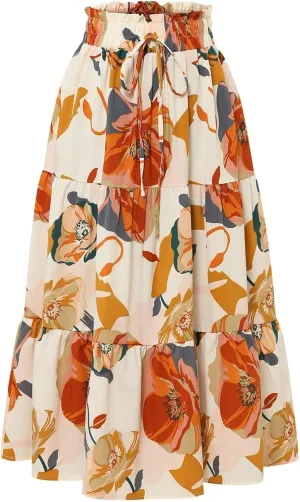 Floral Maxi Skirt for Women Summer Vacation A Line Flowy Swing Comfy Tiered Elastic High Waisted Long Skirts