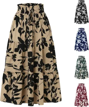 Floral Skirt for Women 2025 Ruffle Summer Maxi Skirts High Waisted Elastic Flowy Pleated Dresses Holiday Clothing