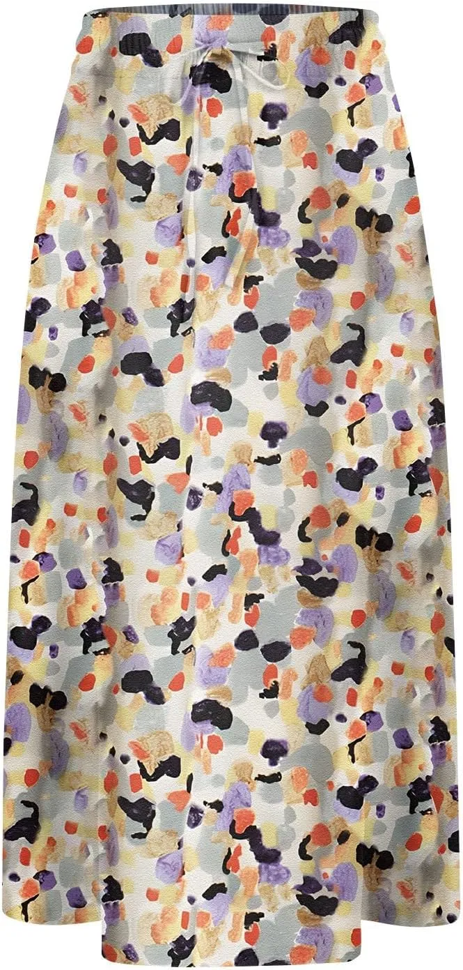 Floral Skirts for Women Midi Length Vintage Drawstring High Waisted A Line Skirt Flowy Boho Midi Skirt with Pockets