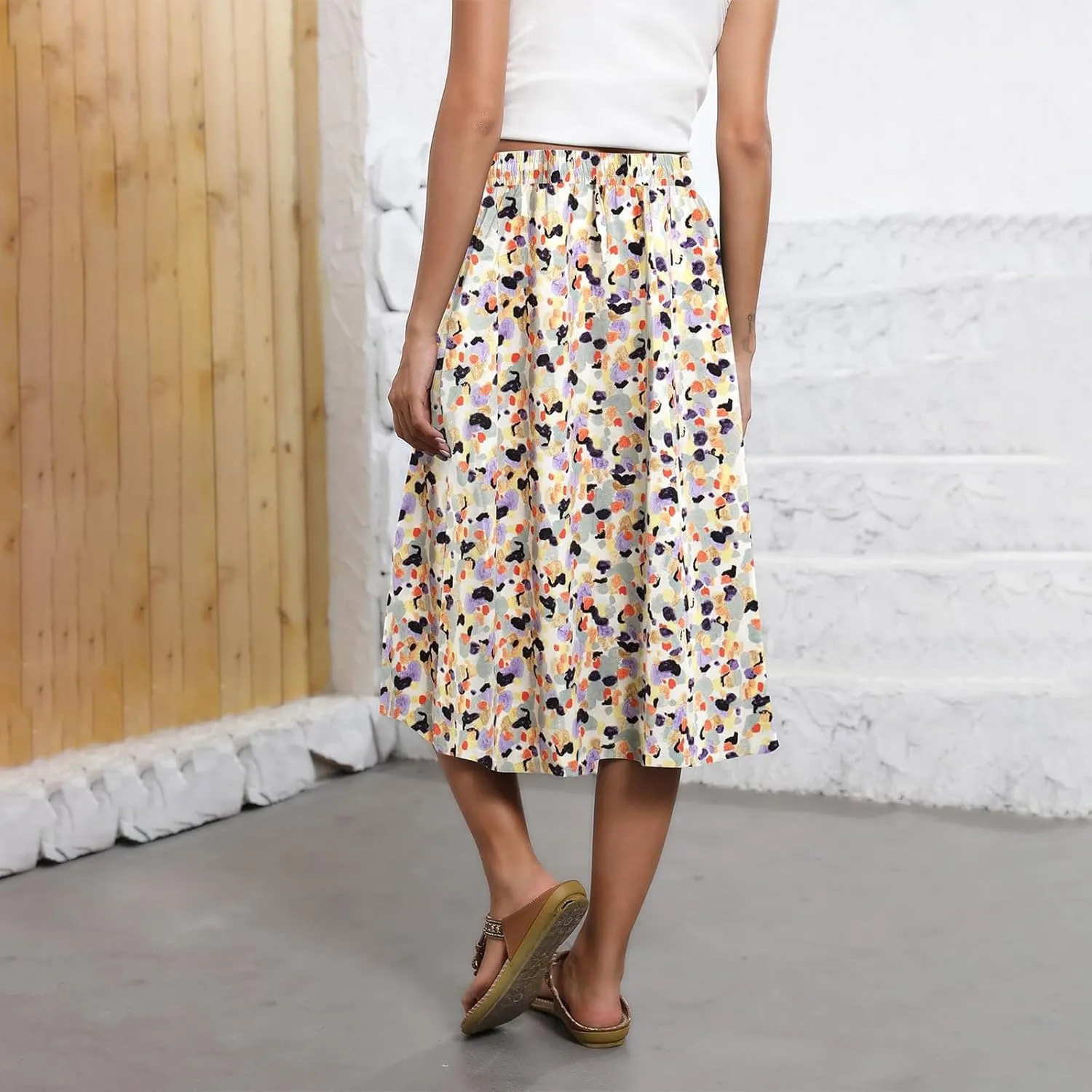 Floral Skirts for Women Midi Length Vintage Drawstring High Waisted A Line Skirt Flowy Boho Midi Skirt with Pockets