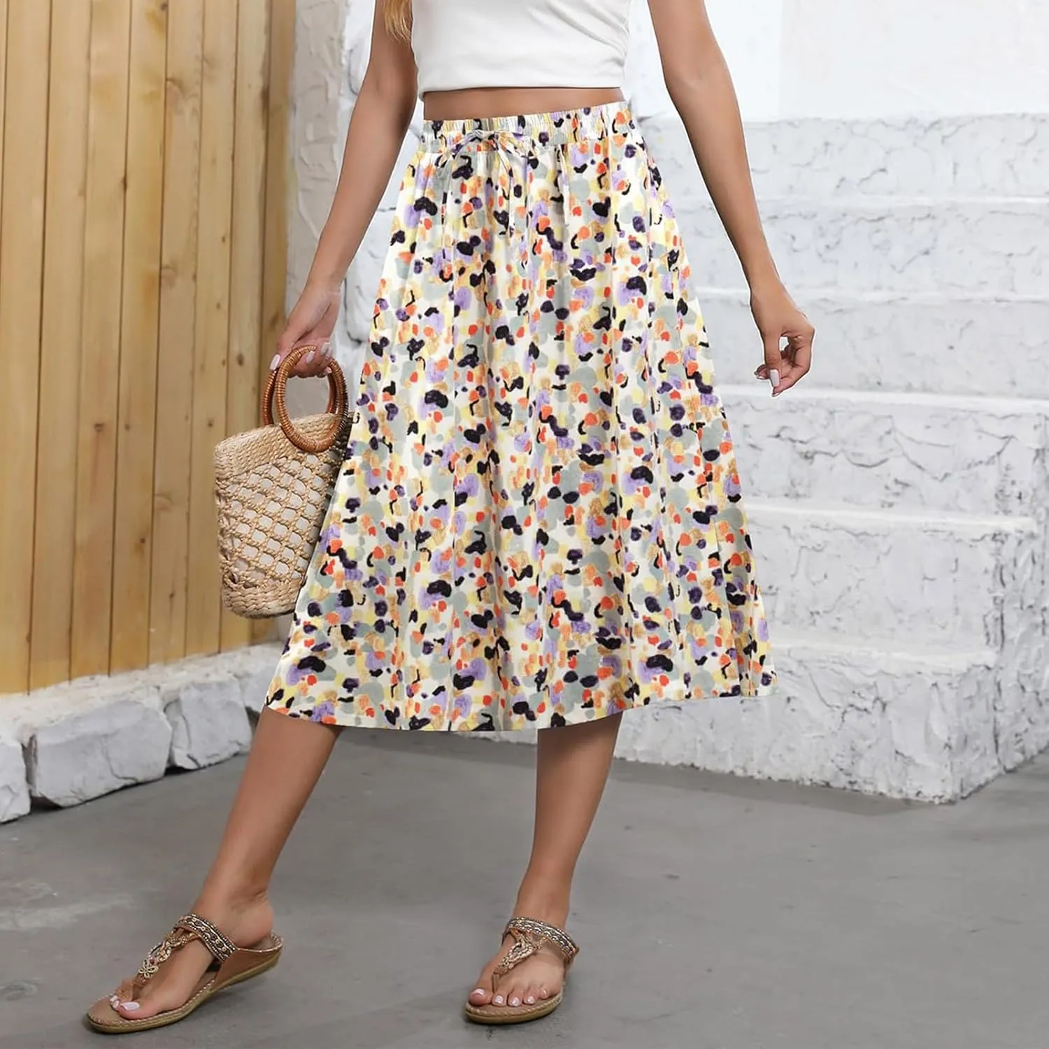 Floral Skirts for Women Midi Length Vintage Drawstring High Waisted A Line Skirt Flowy Boho Midi Skirt with Pockets