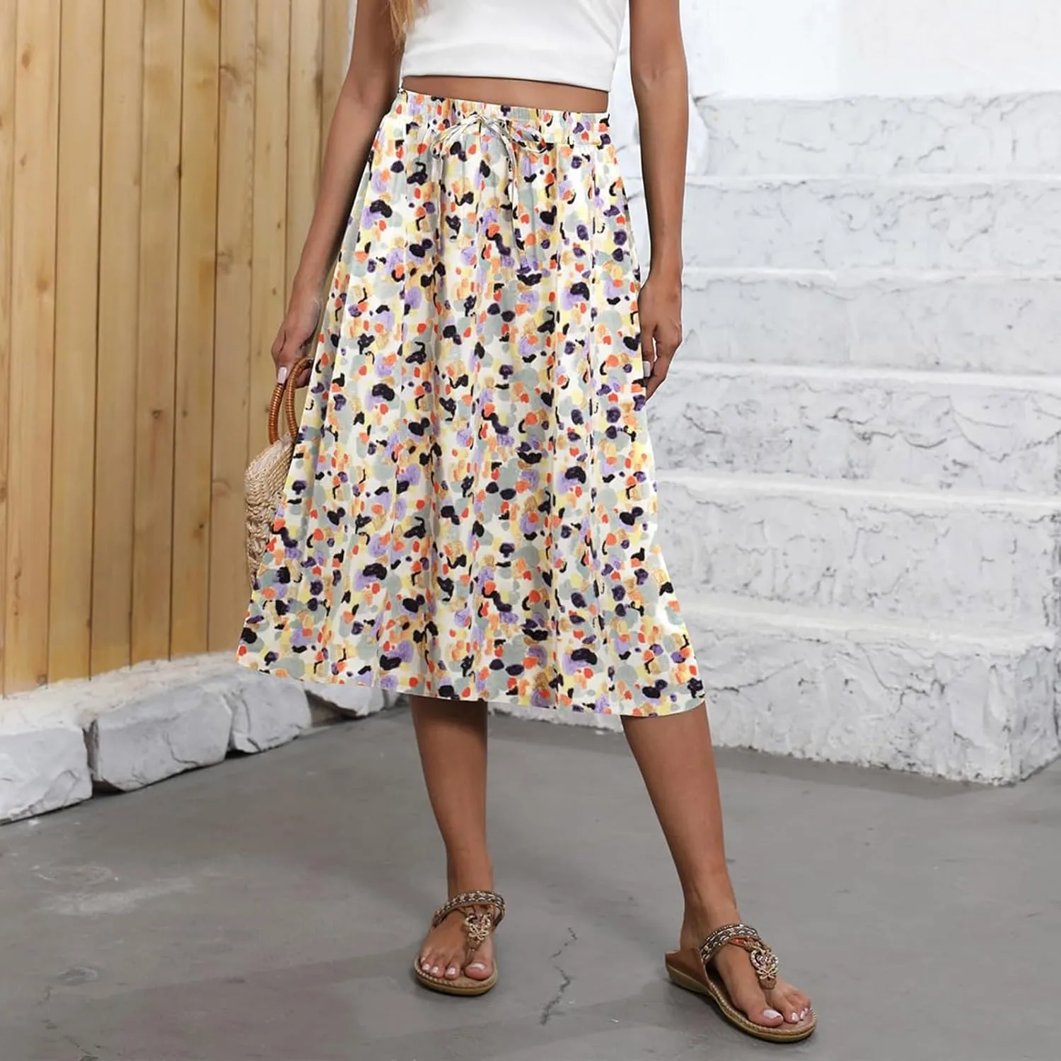Floral Skirts for Women Midi Length Vintage Drawstring High Waisted A Line Skirt Flowy Boho Midi Skirt with Pockets
