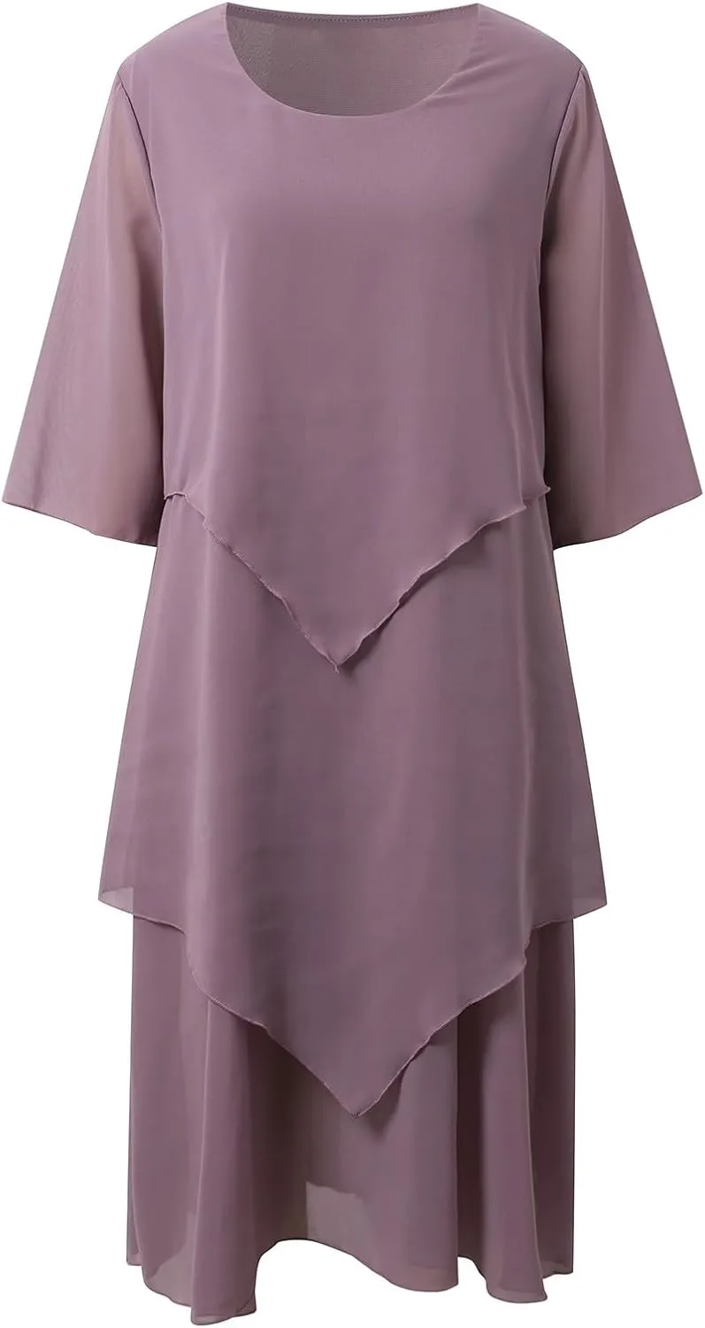 Flowy Chiffon Maxi Dresses for Women Plus Size Ruffle Tiered Casual Crew Neck 3/4 Sleeve Sundress A Line Midi Dress
