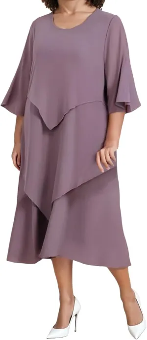 Flowy Chiffon Maxi Dresses for Women Plus Size Ruffle Tiered Casual Crew Neck 3/4 Sleeve Sundress A Line Midi Dress