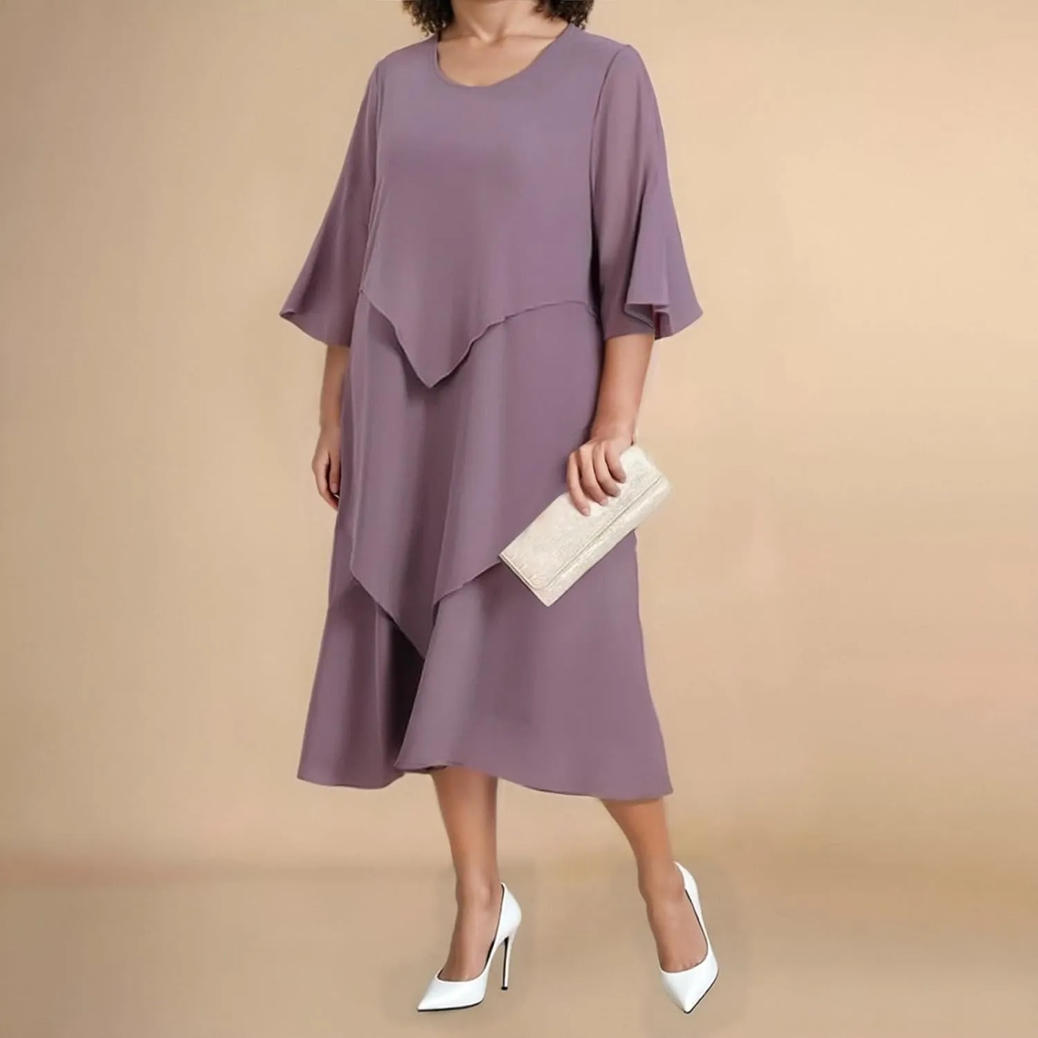 Flowy Chiffon Maxi Dresses for Women Plus Size Ruffle Tiered Casual Crew Neck 3/4 Sleeve Sundress A Line Midi Dress