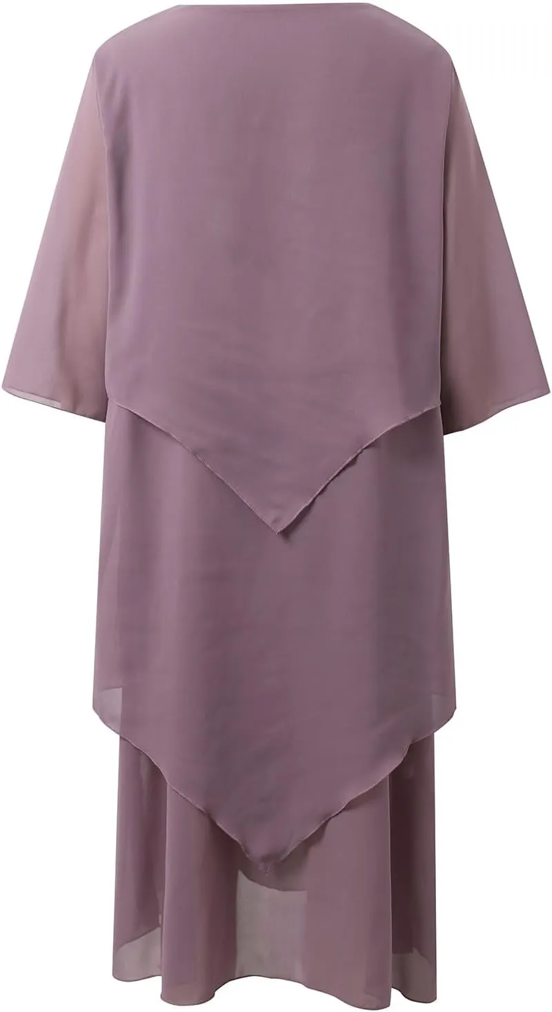 Flowy Chiffon Maxi Dresses for Women Plus Size Ruffle Tiered Casual Crew Neck 3/4 Sleeve Sundress A Line Midi Dress