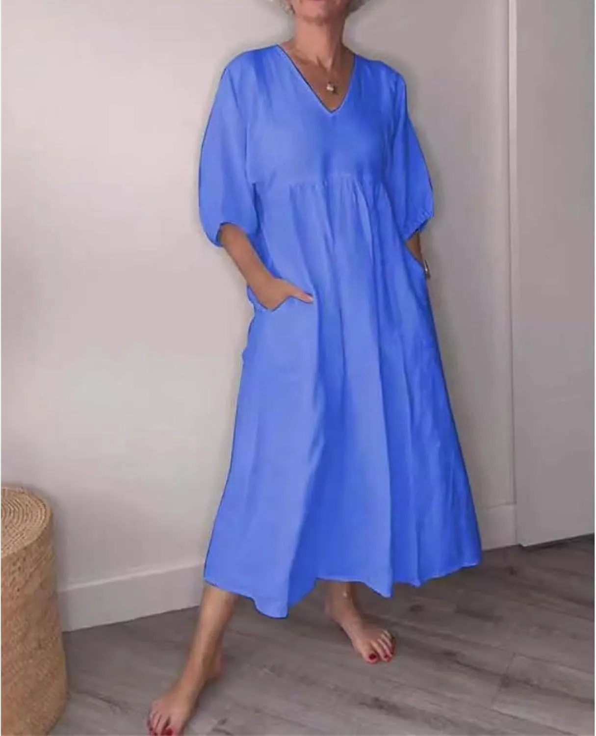 Flowy Maxi Dresses for Women Plus Size Summer Casual Dress Cotton Linen Midi Dress Beach Tshirt Sundress with Pockets