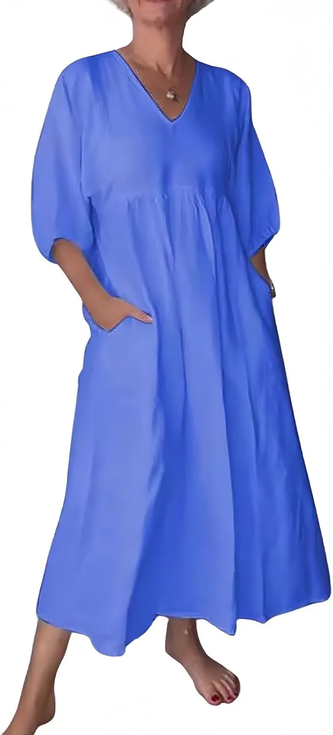 Flowy Maxi Dresses for Women Plus Size Summer Casual Dress Cotton Linen Midi Dress Beach Tshirt Sundress with Pockets