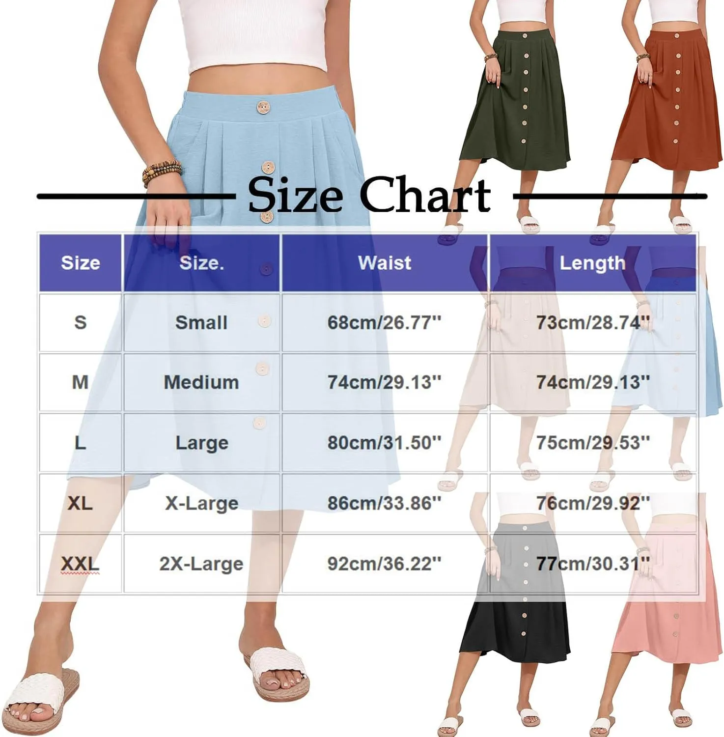 Flowy Midi Skirt for Women Summer Trendy Solid Color High Waist Casual Button Front Skirts with Pockets