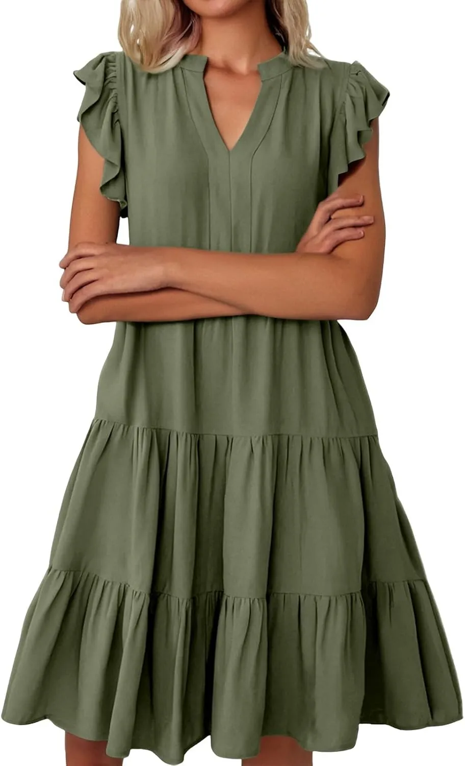 Flowy Swing Tiered Dress Women Summer V Neck Flutter Sleeve Dress with Pocket Vacation Casual Boho Beach Midi Dresses