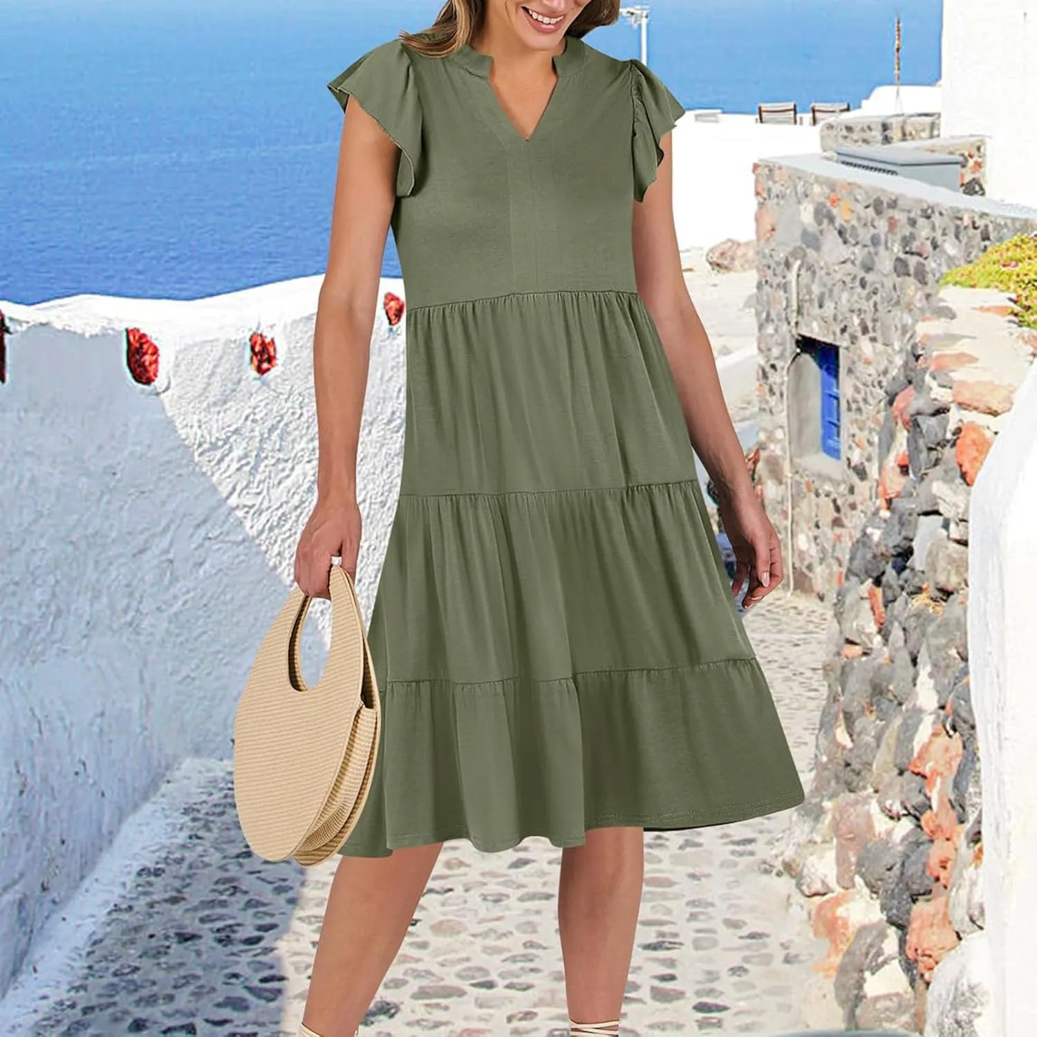 Flowy Swing Tiered Dress Women Summer V Neck Flutter Sleeve Dress with Pocket Vacation Casual Boho Beach Midi Dresses