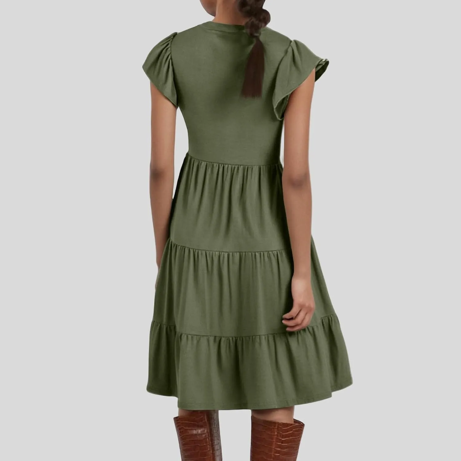 Flowy Swing Tiered Dress Women Summer V Neck Flutter Sleeve Dress with Pocket Vacation Casual Boho Beach Midi Dresses