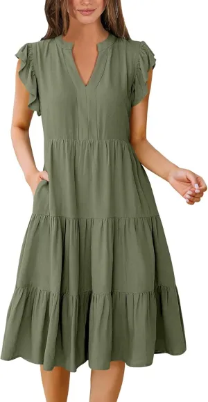 Flowy Swing Tiered Dress Women Summer V Neck Flutter Sleeve Dress with Pocket Vacation Casual Boho Beach Midi Dresses
