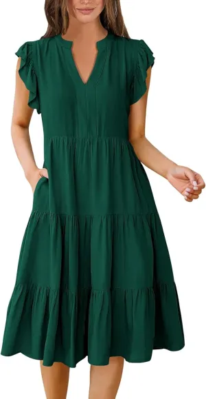 Flutter Sleeve Dress for Women V Neck Pleated Tiered Flowy Dress Summer Boho Beach A Line Midi Dresses with Pockets