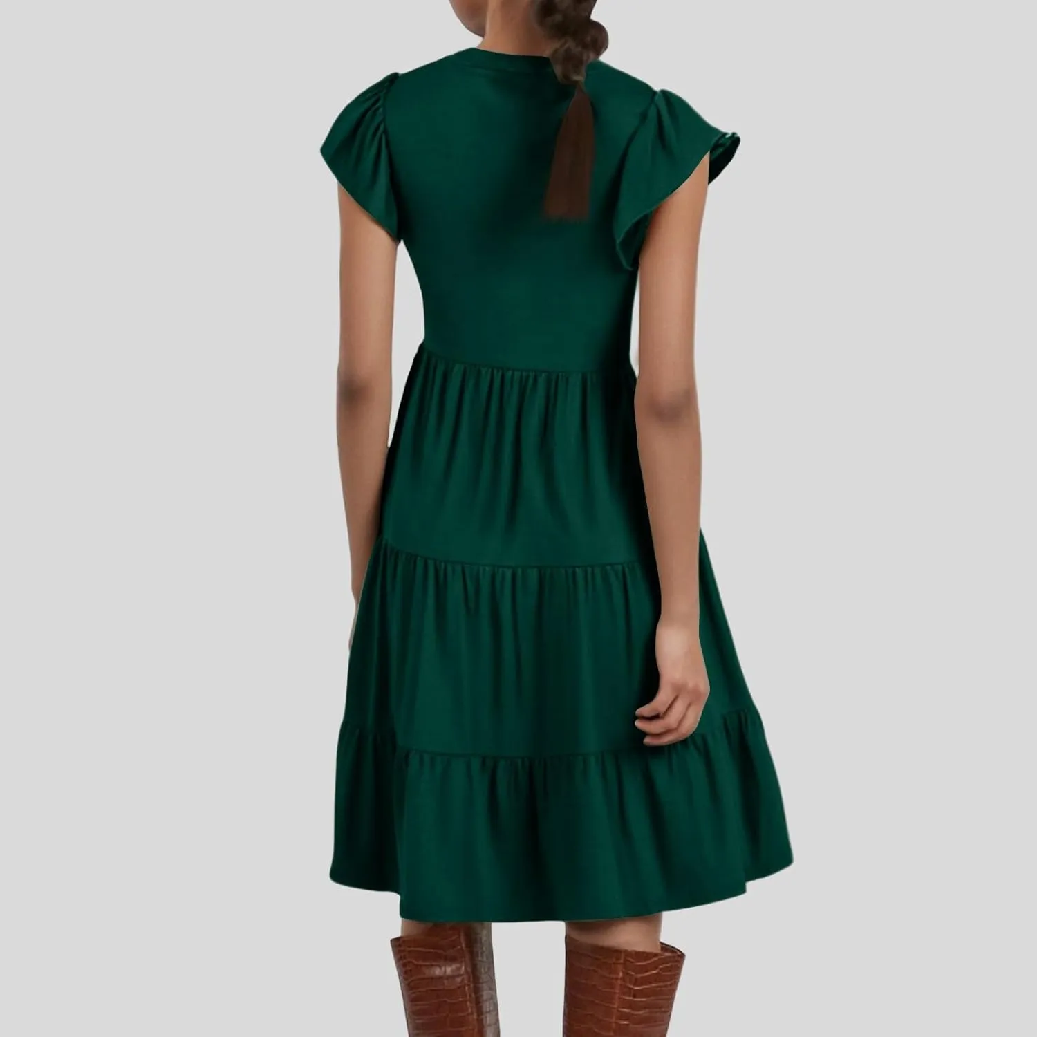 Flutter Sleeve Dress for Women V Neck Pleated Tiered Flowy Dress Summer Boho Beach A Line Midi Dresses with Pockets