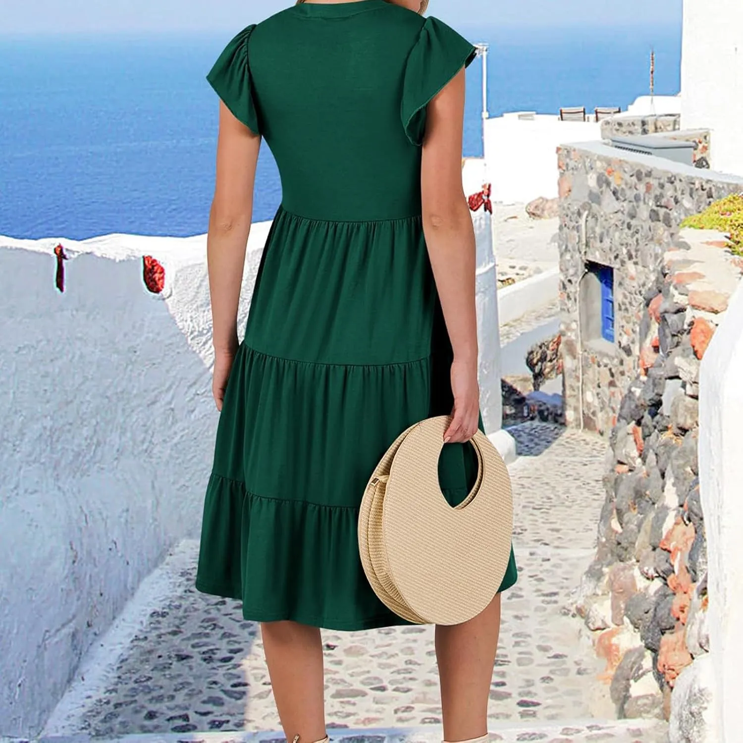 Flutter Sleeve Dress for Women V Neck Pleated Tiered Flowy Dress Summer Boho Beach A Line Midi Dresses with Pockets