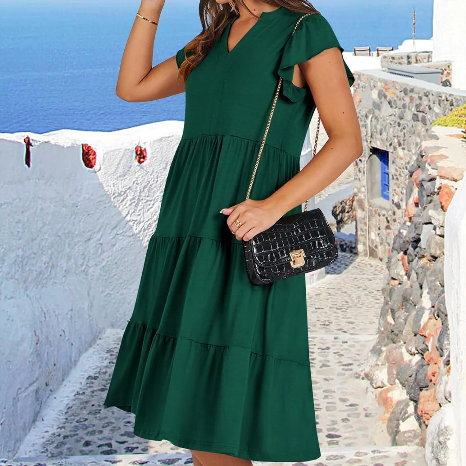 Flutter Sleeve Dress for Women V Neck Pleated Tiered Flowy Dress Summer Boho Beach A Line Midi Dresses with Pockets