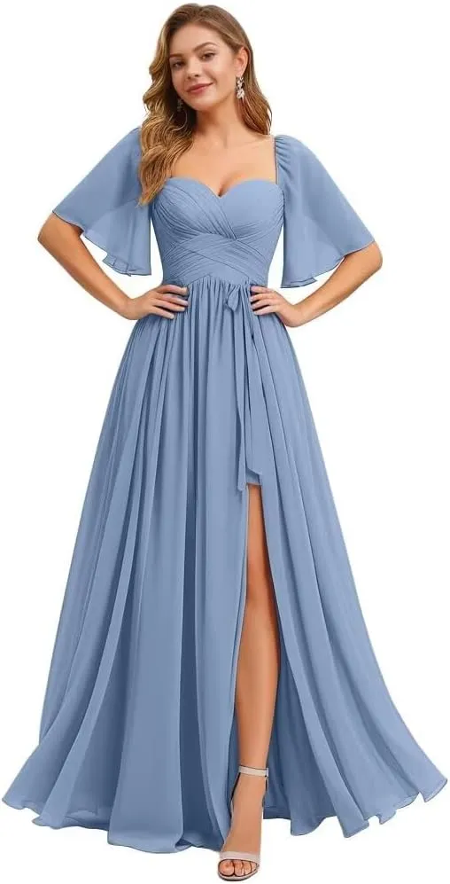 Flutter Sleeves Bridesmaid Dresses Long Prom Dresses High Slit Ruched Chiffon Evening Party Dresses with Pockets