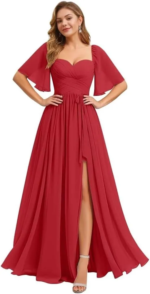 Flutter Sleeves Bridesmaid Dresses Long Prom Dresses High Slit Ruched Chiffon Evening Party Dresses with Pockets