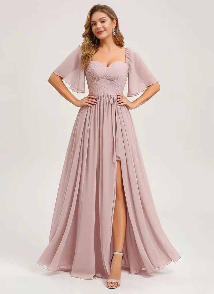 Flutter Sleeves Bridesmaid Dresses Long Prom Dresses High Slit Ruched Chiffon Evening Party Dresses with Pockets