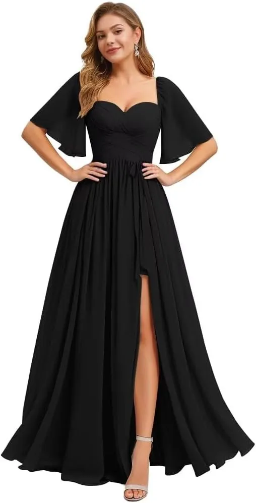 Flutter Sleeves Bridesmaid Dresses Long Prom Dresses High Slit Ruched Chiffon Evening Party Dresses with Pockets