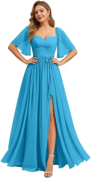 Flutter Sleeves Bridesmaid Dresses Long Prom Dresses High Slit Ruched Chiffon Evening Party Dresses with Pockets