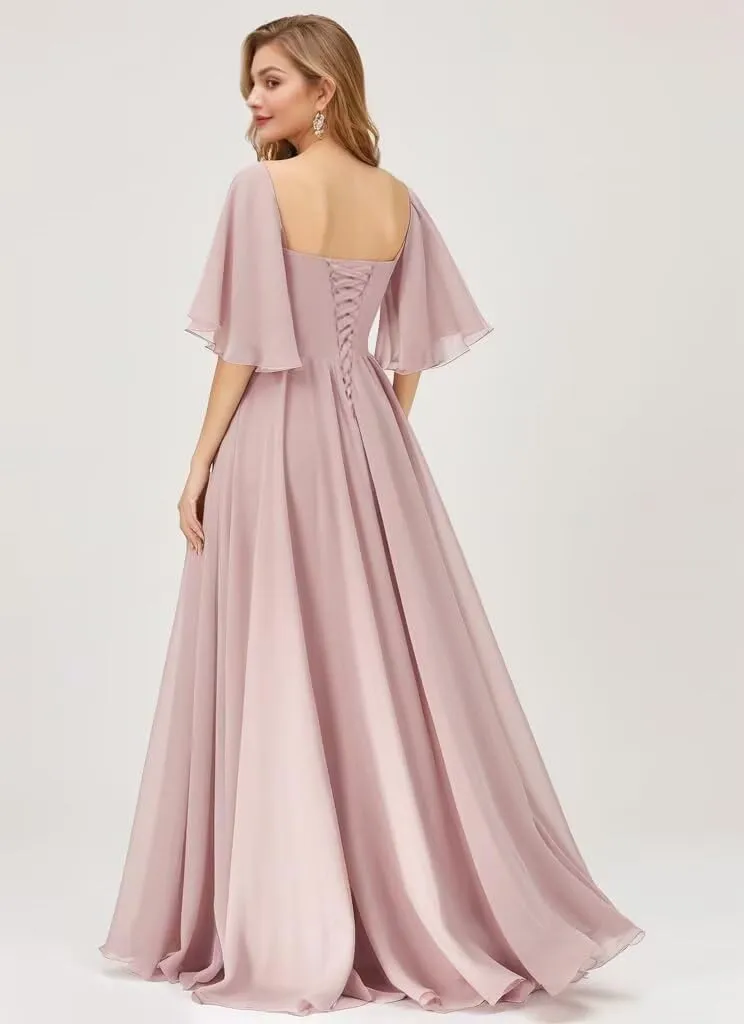 Flutter Sleeves Bridesmaid Dresses Long Prom Dresses High Slit Ruched Chiffon Evening Party Dresses with Pockets