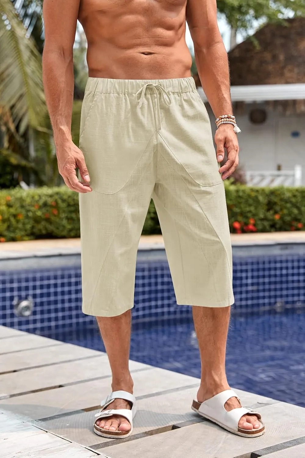 Fommykin Men's Cotton Linen Capri Pants Baggy Harem Drawstring Yoga Beach Pants with Pockets