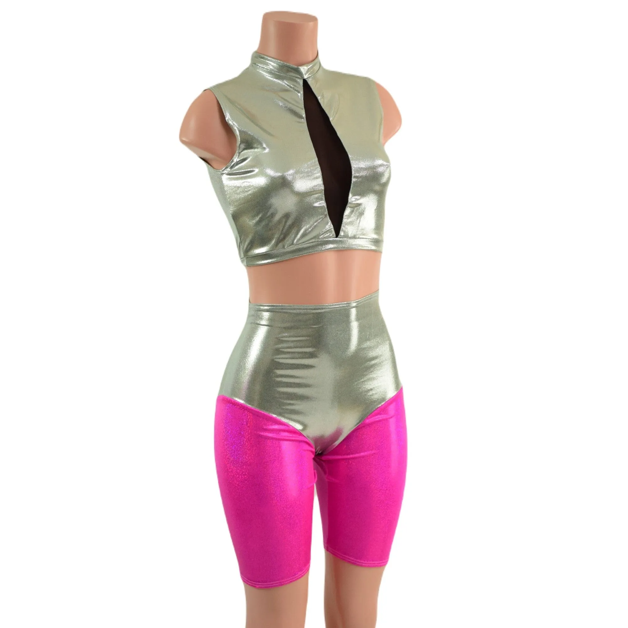 Fonda Shorts and Inset Mesh Keyhole Crop in Platinum Metallic