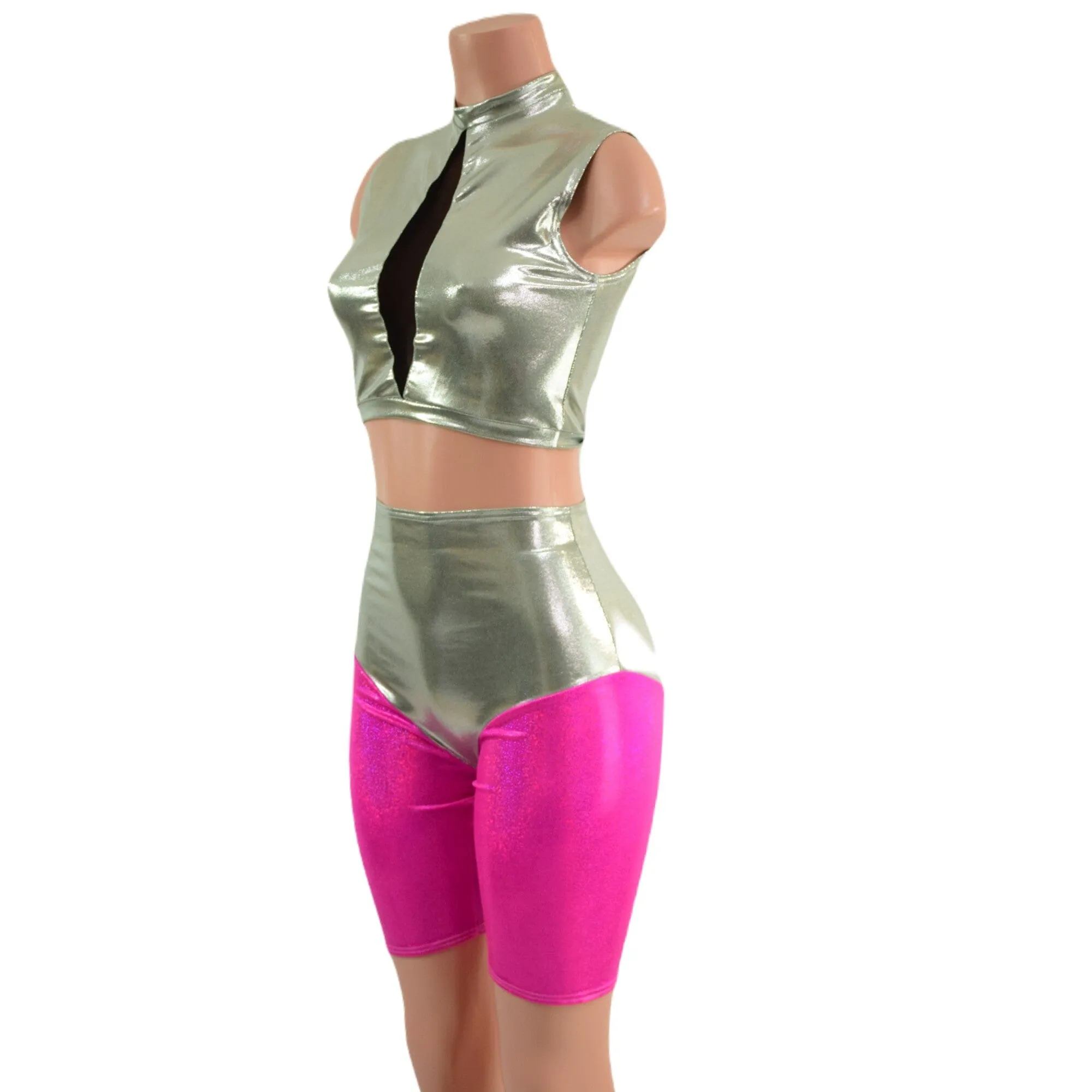 Fonda Shorts and Inset Mesh Keyhole Crop in Platinum Metallic