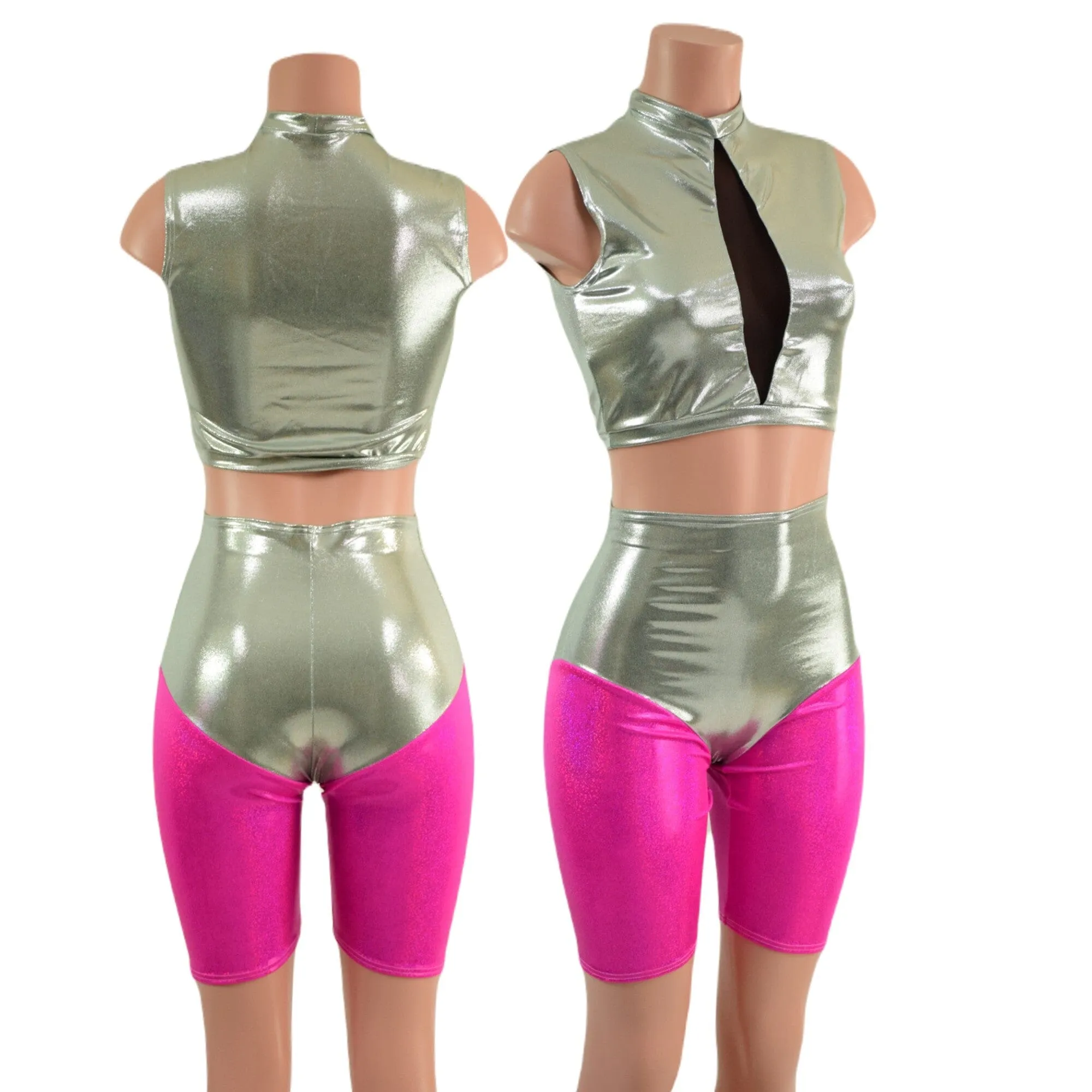 Fonda Shorts and Inset Mesh Keyhole Crop in Platinum Metallic