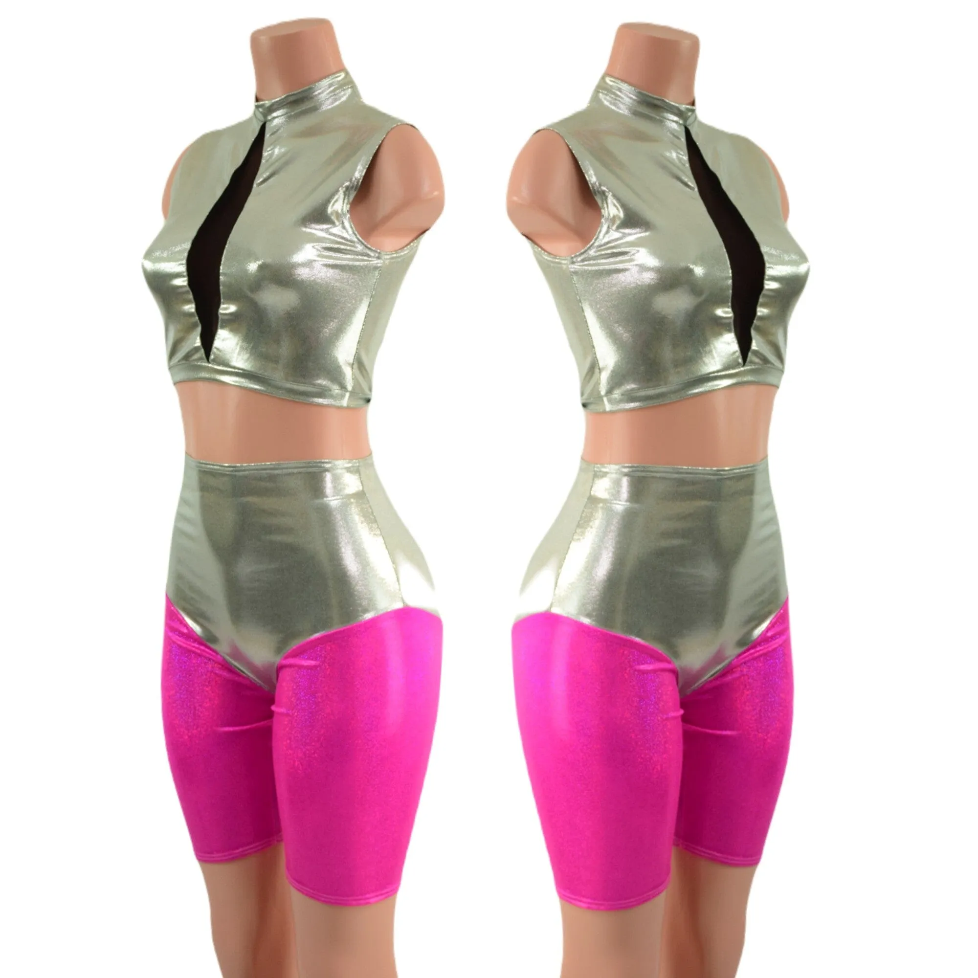 Fonda Shorts and Inset Mesh Keyhole Crop in Platinum Metallic